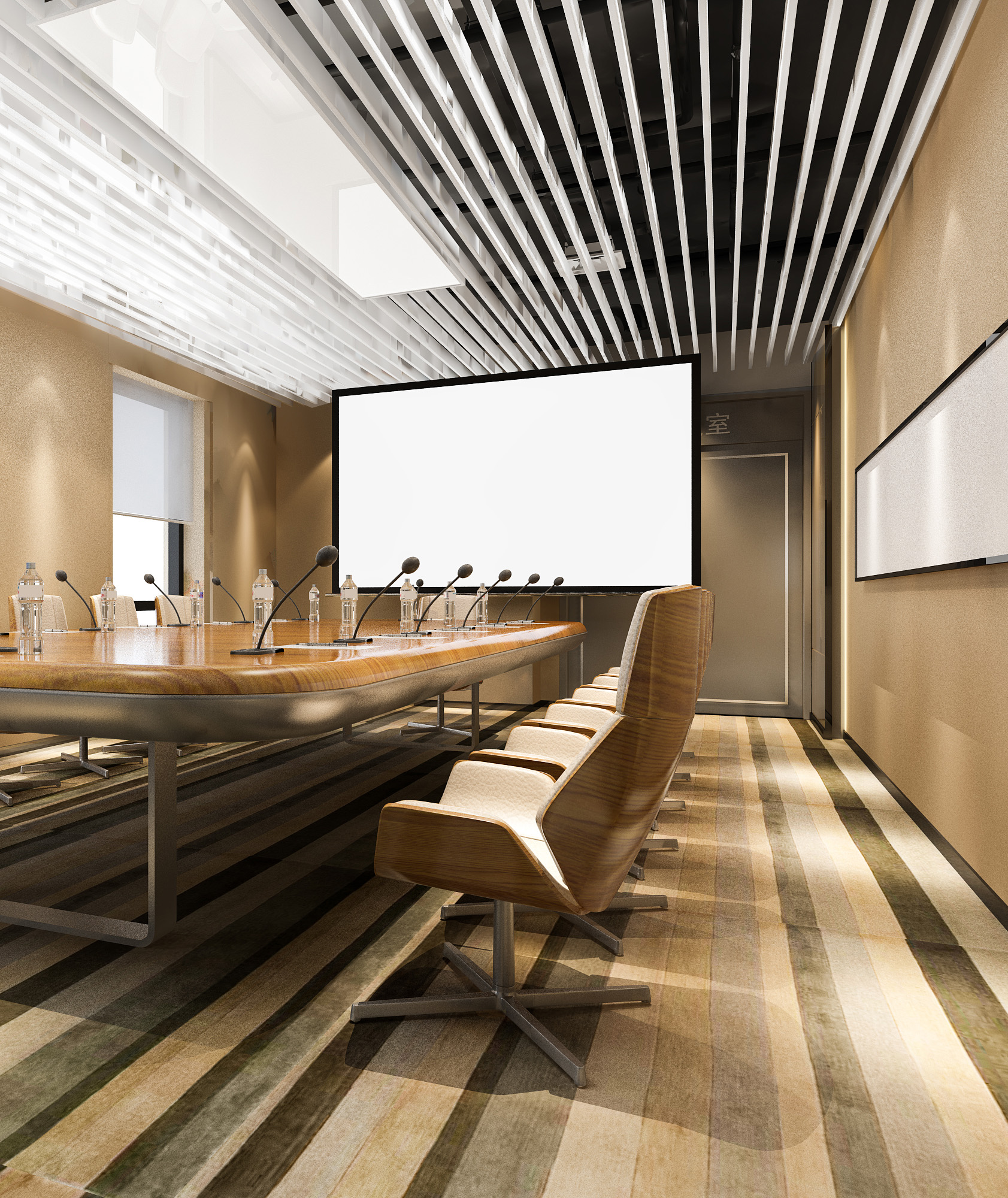 Modern conference room with curved wooden table, microphones, high-back chairs, blank projection screen, and striped carpe...