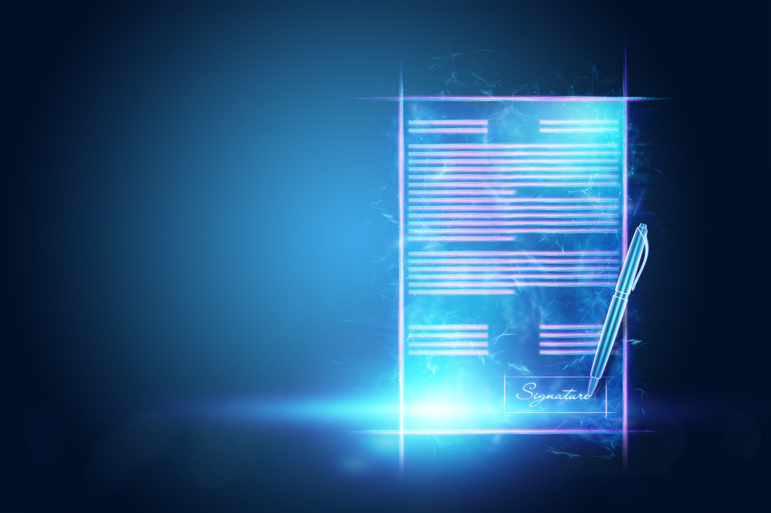 Concept of electronic signature, business at a distance, Image of a hologram of a contract and a pen for signature. Remote collaboration, online business. Mixed media. 3D illustration, 3D render