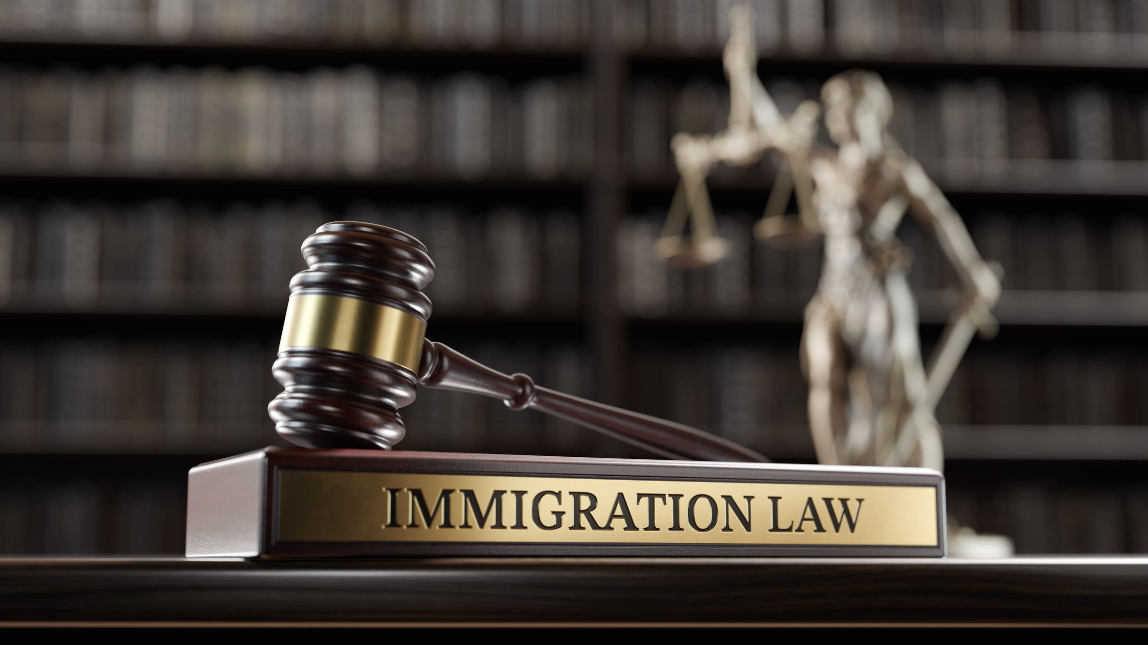 Wooden gavel resting on a gold nameplate reading "Immigration Law" with a blurred Lady Justice statue and bookshelves in b...