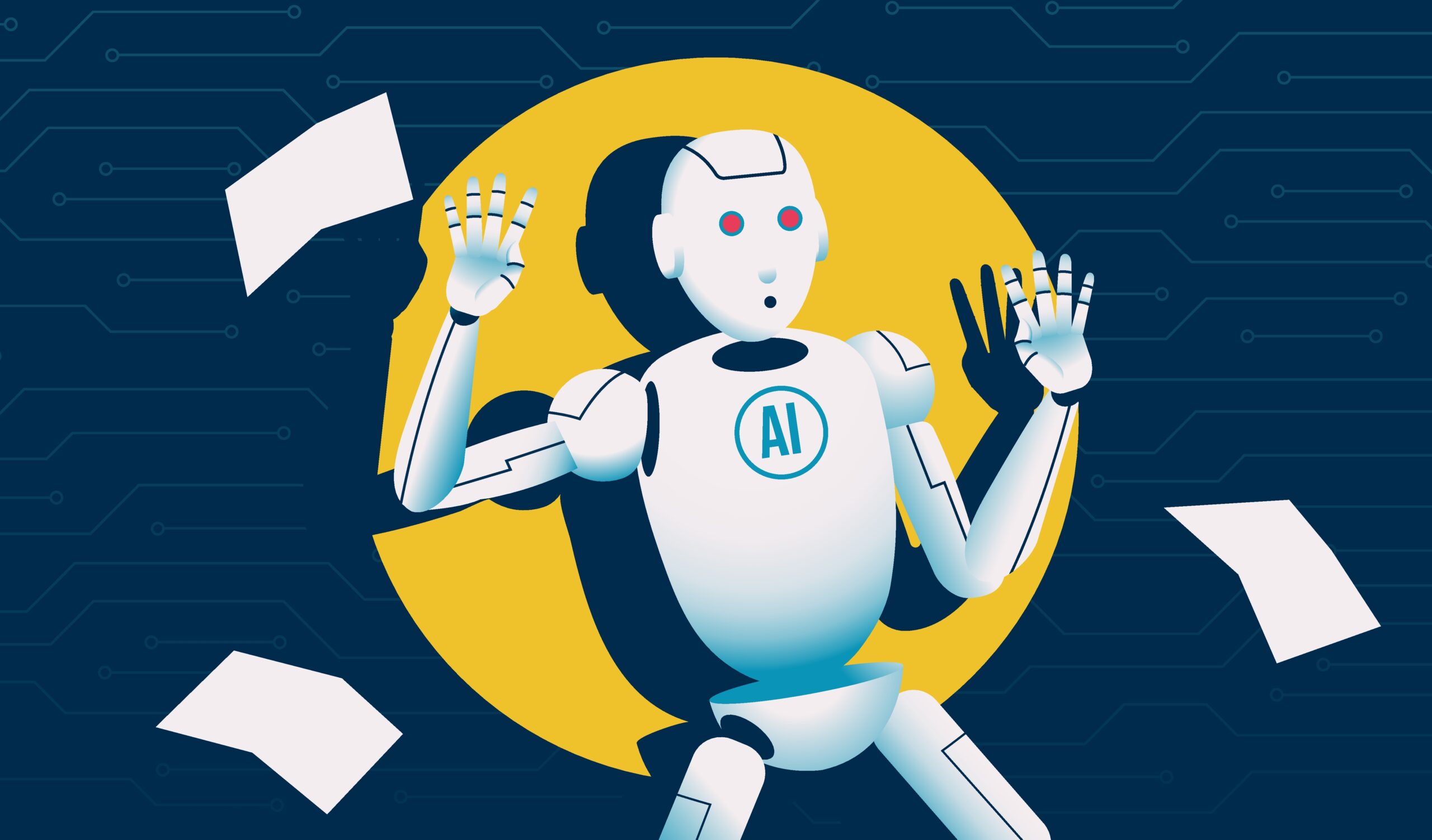 White humanoid robot labeled AI on its chest, with red eyes and a surprised expression, surrounded by flying papers on a d...