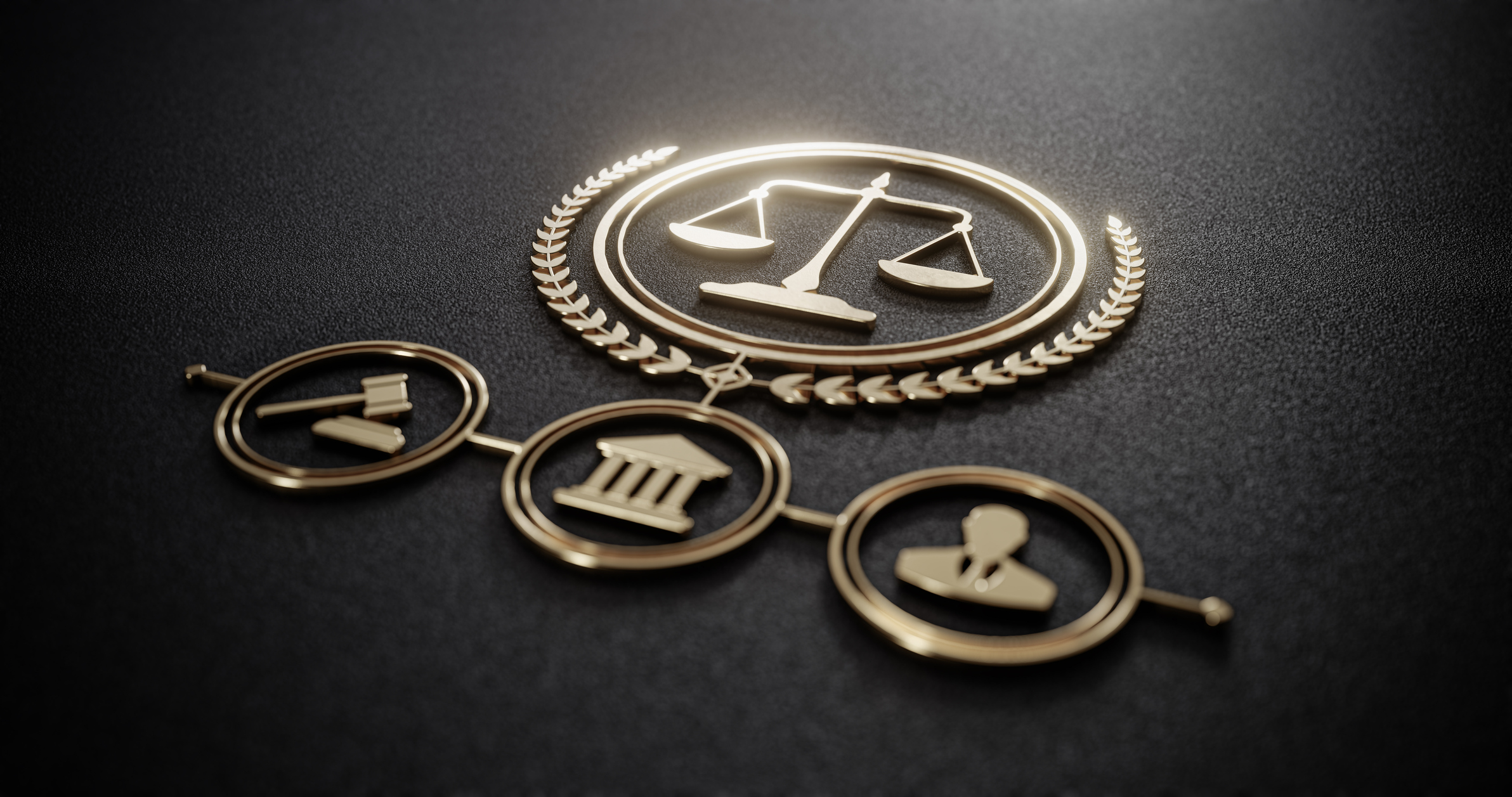 Gold 3D legal icons on dark surface: scales of justice in laurel wreath, gavel, courthouse, and judge silhouette medallions
