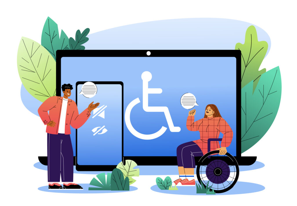 People discussing digital accessibility features, with a wheelchair user and a large screen displaying accessibility icons, on a nature-inspired background. Flat vector illustration.