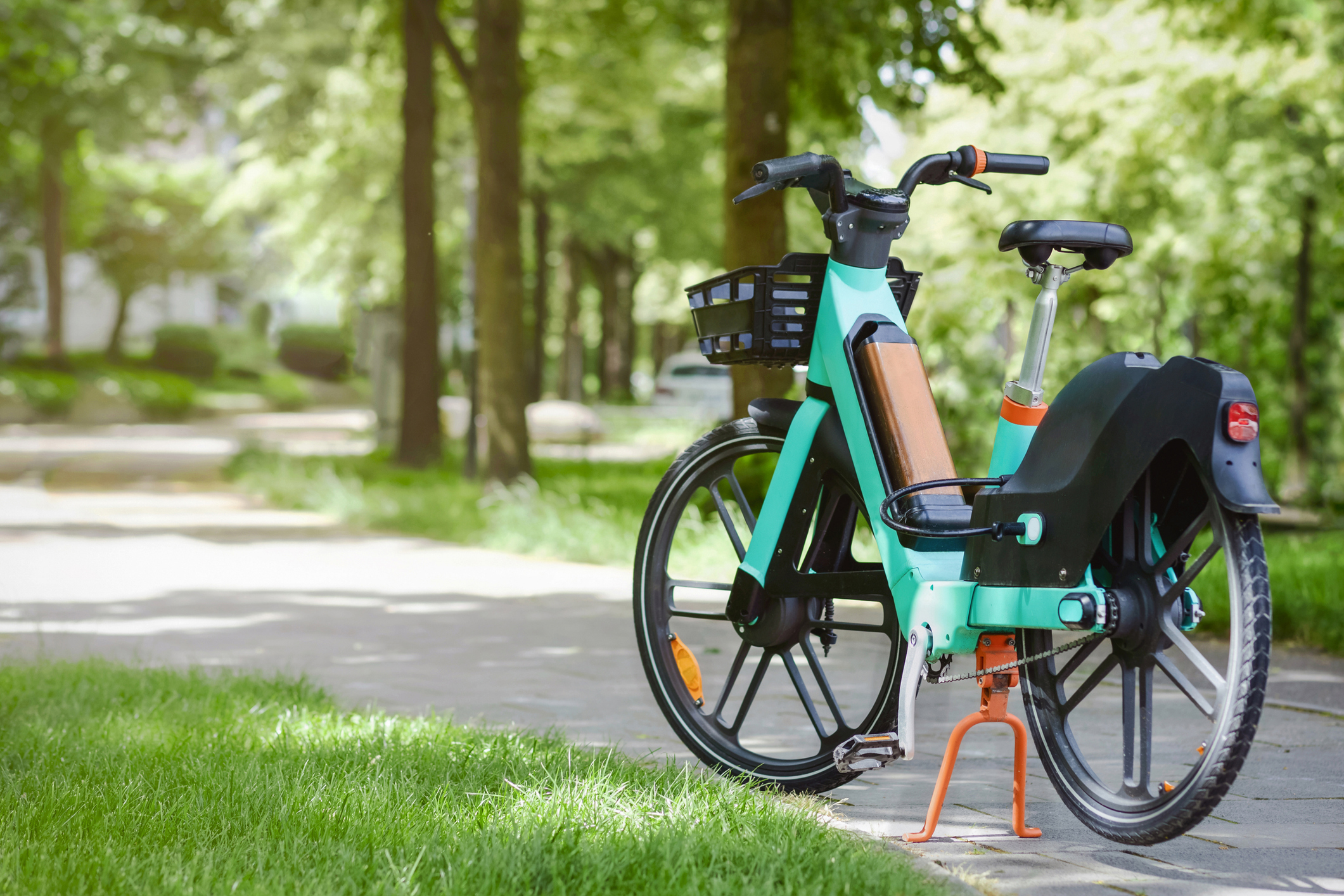 Bicycle sharing service. Electric bike in urban environment. Electro e bike as Public Transport in Green City in Germany.