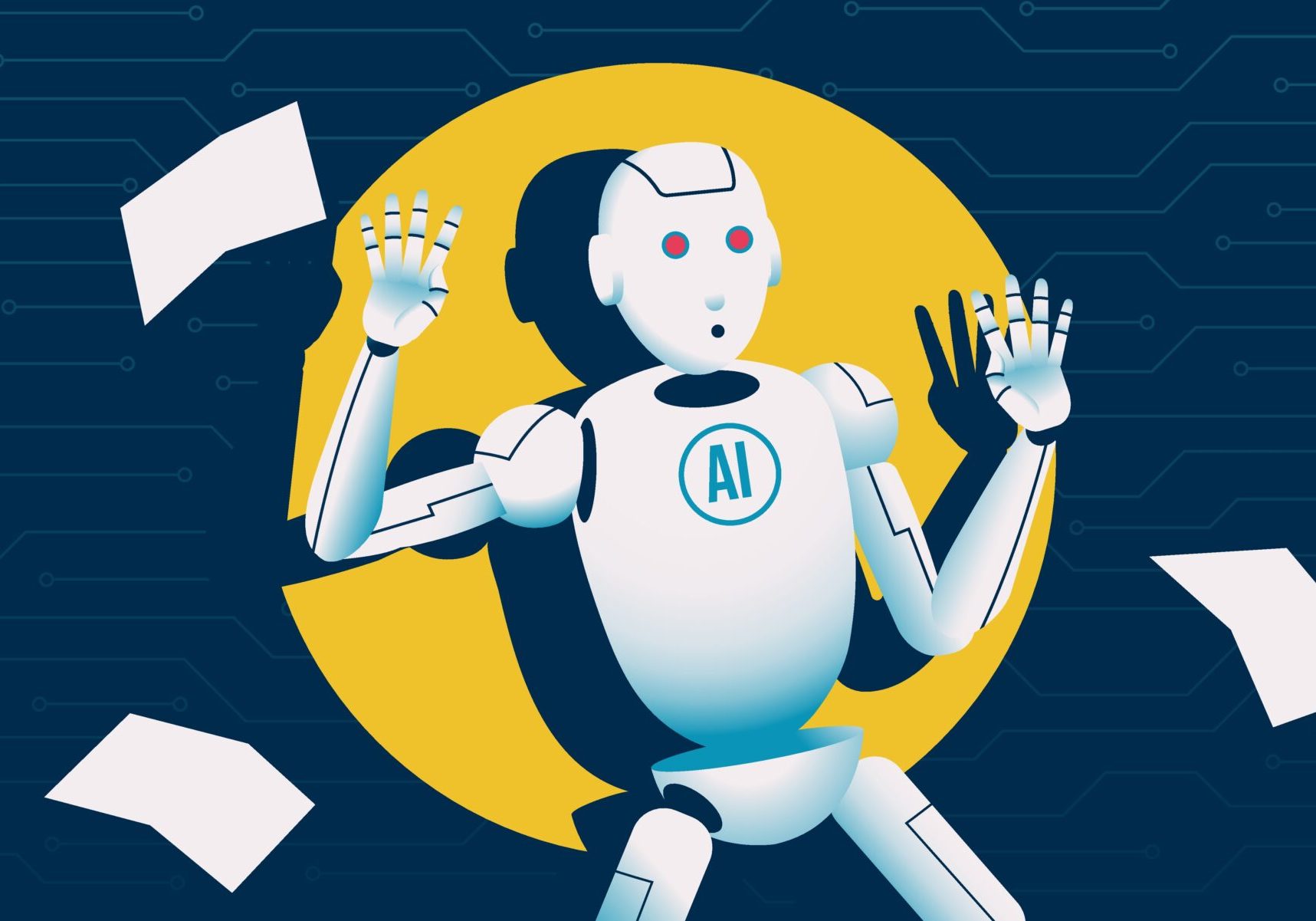 White humanoid robot labeled AI on its chest, with red eyes and a surprised expression, surrounded by flying papers on a d...