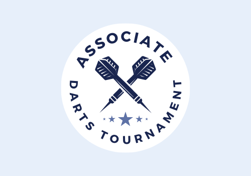 Circular badge logo with two crossed darts and text reading Associate Darts Tournament, with three stars on a light blue b...