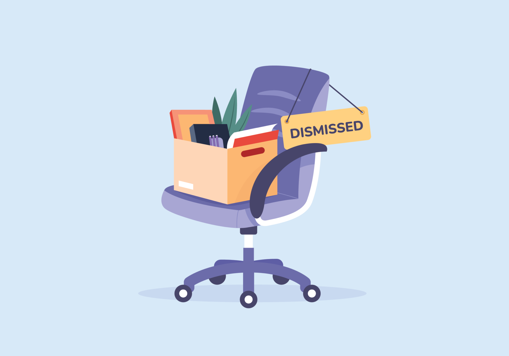 Purple office chair with a cardboard box of belongings and a yellow "DISMISSED" sign hanging from the armrest, symbolizing...