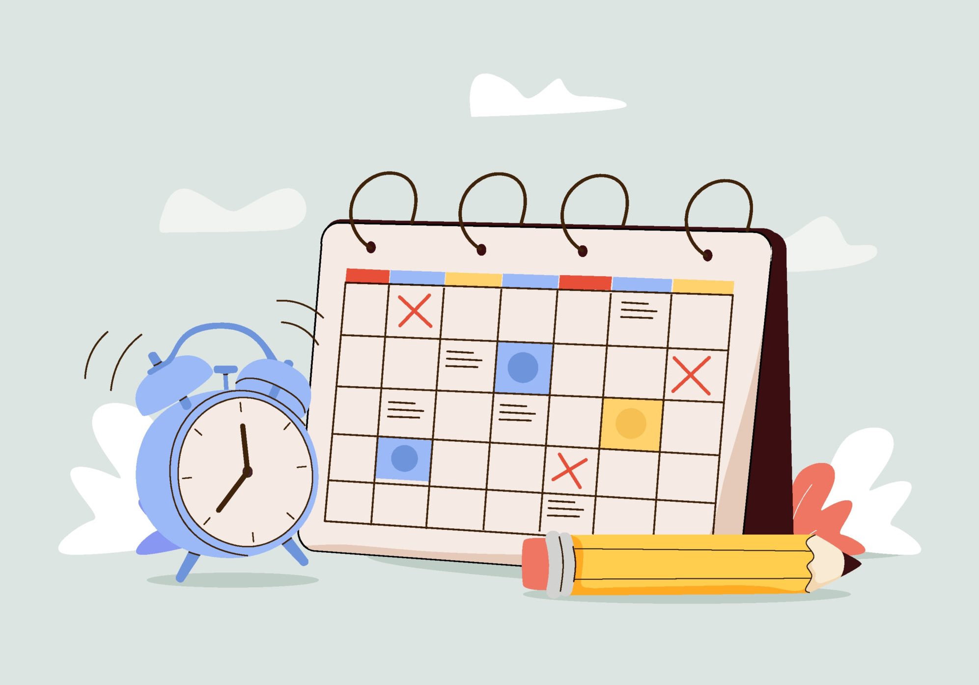 Illustrated desk calendar with red X marks and colored dots, beside a ringing blue alarm clock and a yellow pencil on a li...