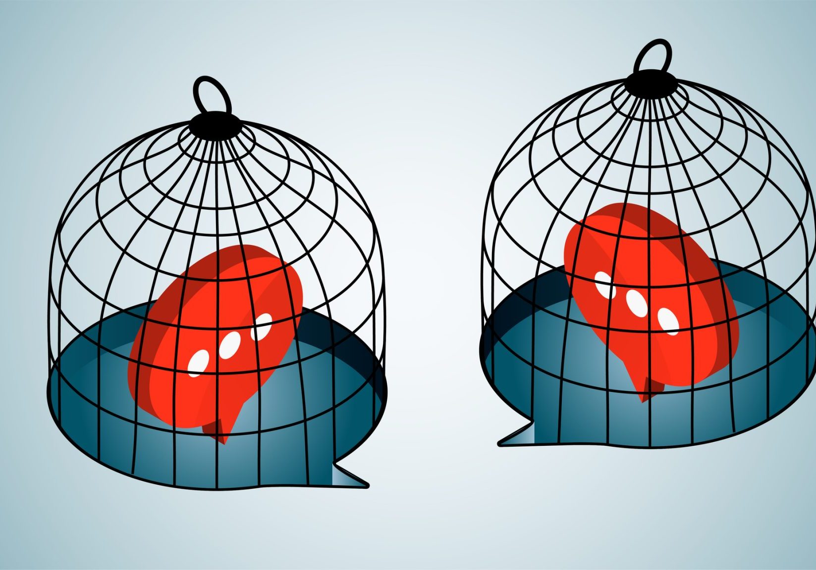 Communication problems or communication barriers, prohibited or restricted speech, speech bubbles inside isometric cages