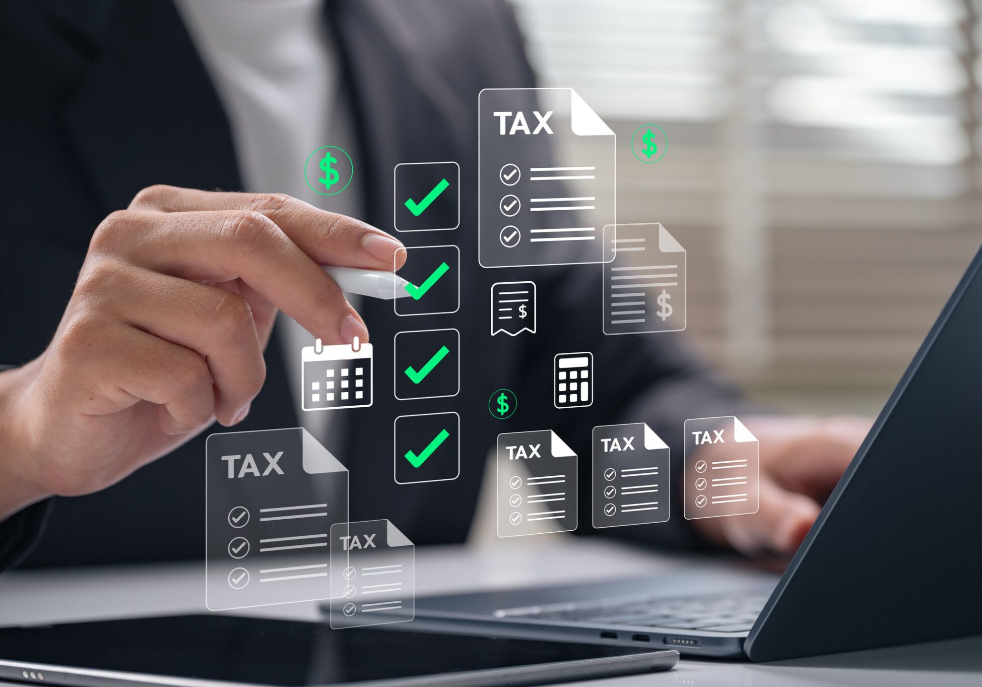 Businessperson in suit tapping virtual tax document icons with green checkmarks, dollar signs, and multiple TAX form graph...