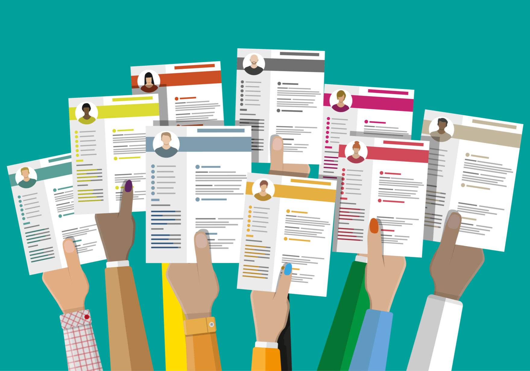 Diverse illustrated hands holding up multiple colorful resumes or CV documents against a teal background