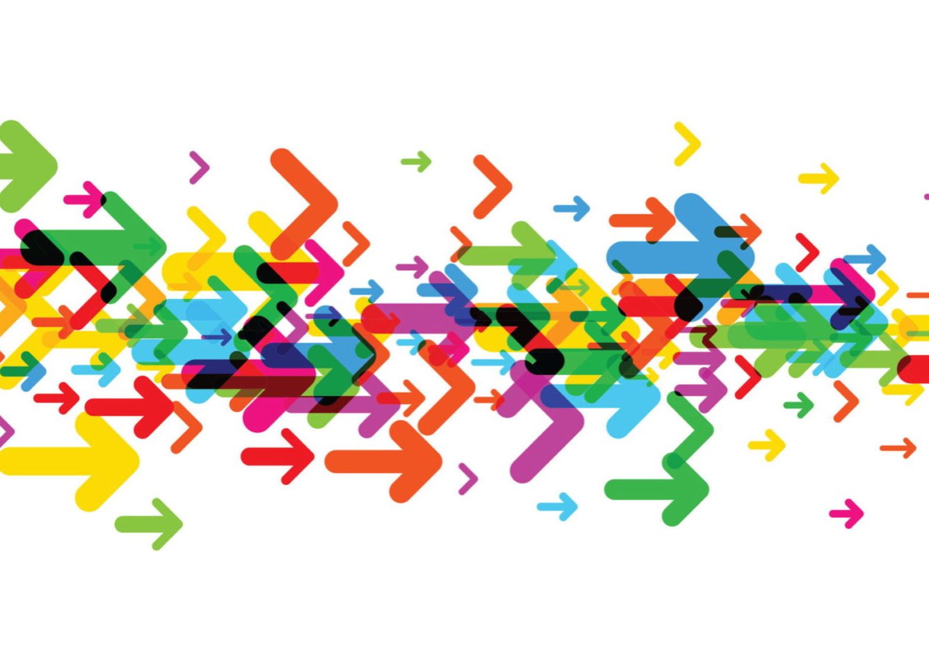 Colorful arrows of various sizes pointing right, forming a horizontal flowing stream on a white background